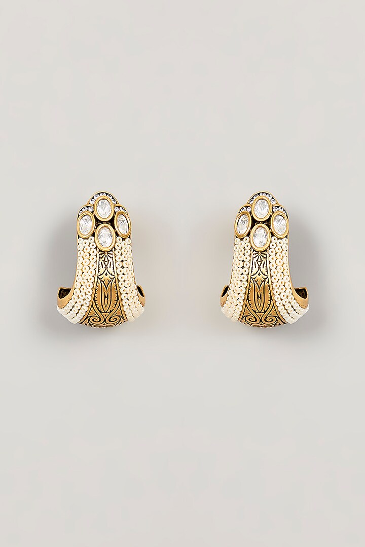 Gold Finish Kundan Polki & White Pearl Hoop Earrings by 20AM at Pernia's Pop Up Shop