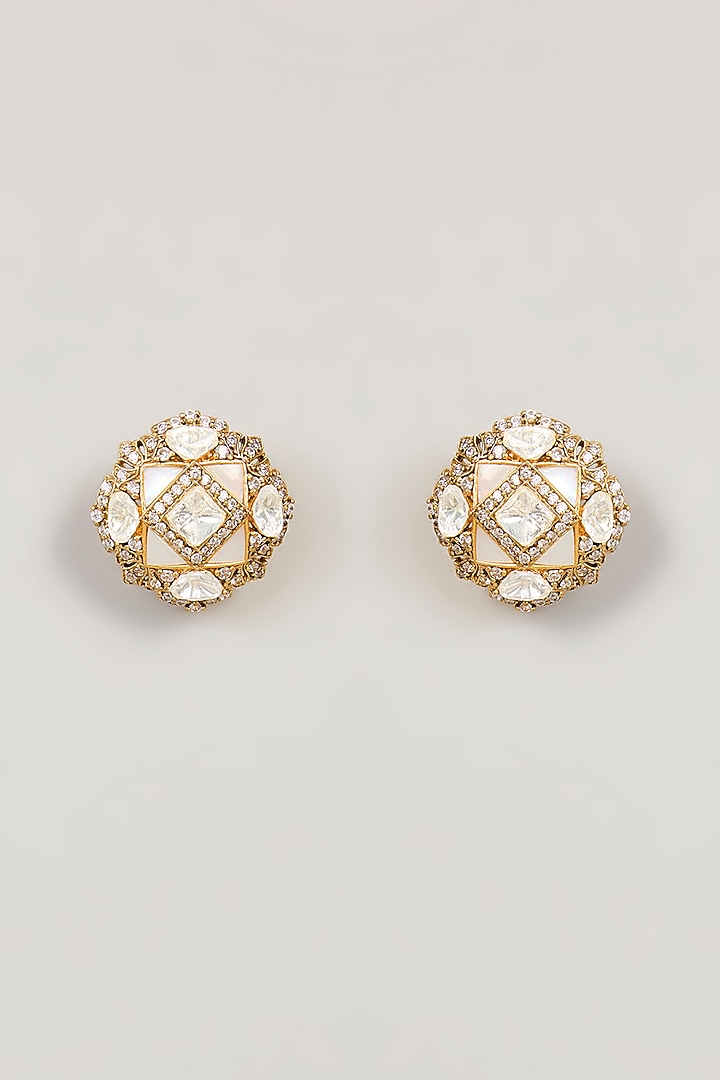 Black Rhodium Finish Kundan Polki & Cubic Zirconia Stud Earrings by 20AM at Pernia's Pop Up Shop