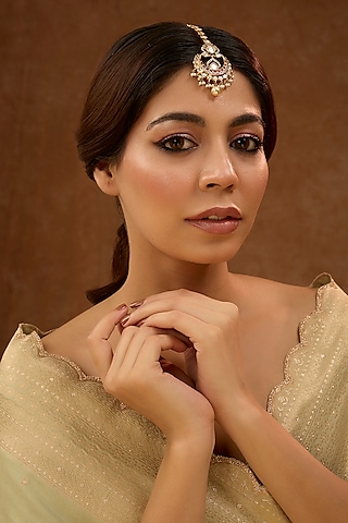 Gold Finish Kundan Polki & Cubic Zirconia Enamelled Maangtikka by 20AM