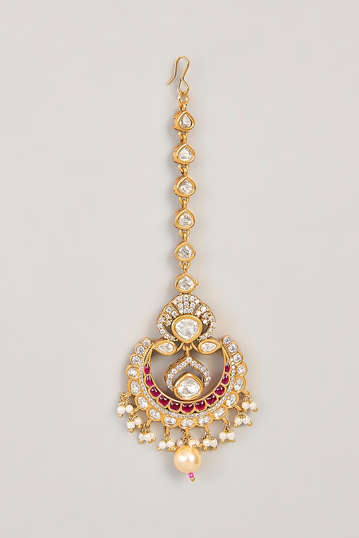 Gold Finish Kundan Polki & Cubic Zirconia Enamelled Maangtikka by 20AM at Pernia's Pop Up Shop