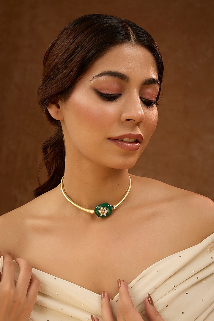 Gold Finish Green Gemstone & Zircon Hasli Necklace by 20AM at Pernia's Pop Up Shop