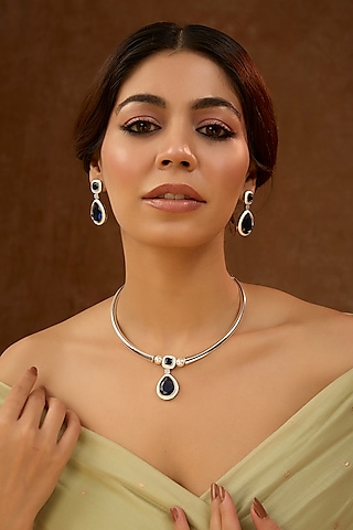 White Finish Blue Stone & Diamond Hasli Necklace Set by 20AM