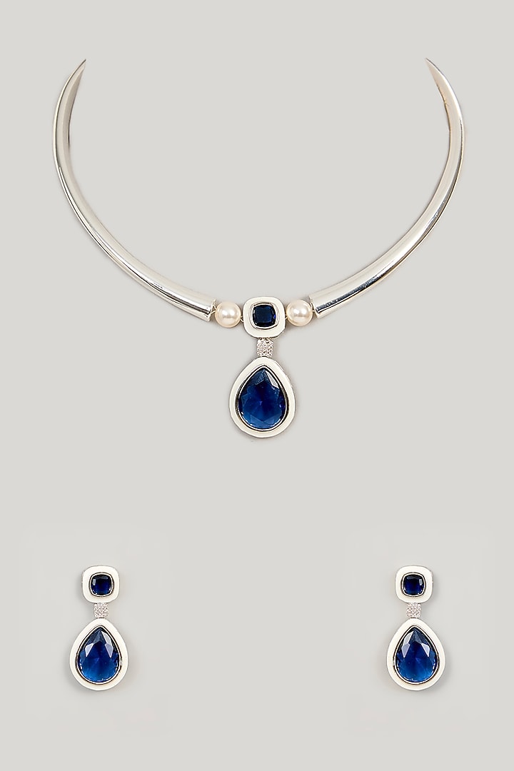 White Finish Blue Stone & Diamond Hasli Necklace Set by 20AM at Pernia's Pop Up Shop