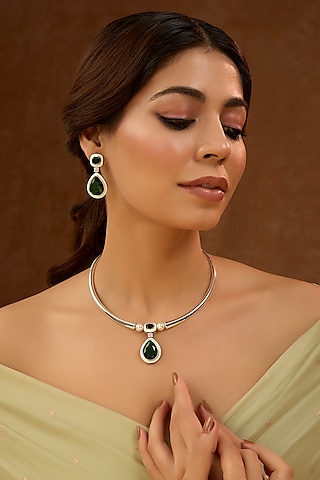White Finish Green Stone & Diamond Hasli Necklace Set by 20AM
