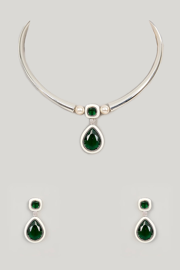 White Finish Green Stone & Diamond Hasli Necklace Set by 20AM at Pernia's Pop Up Shop