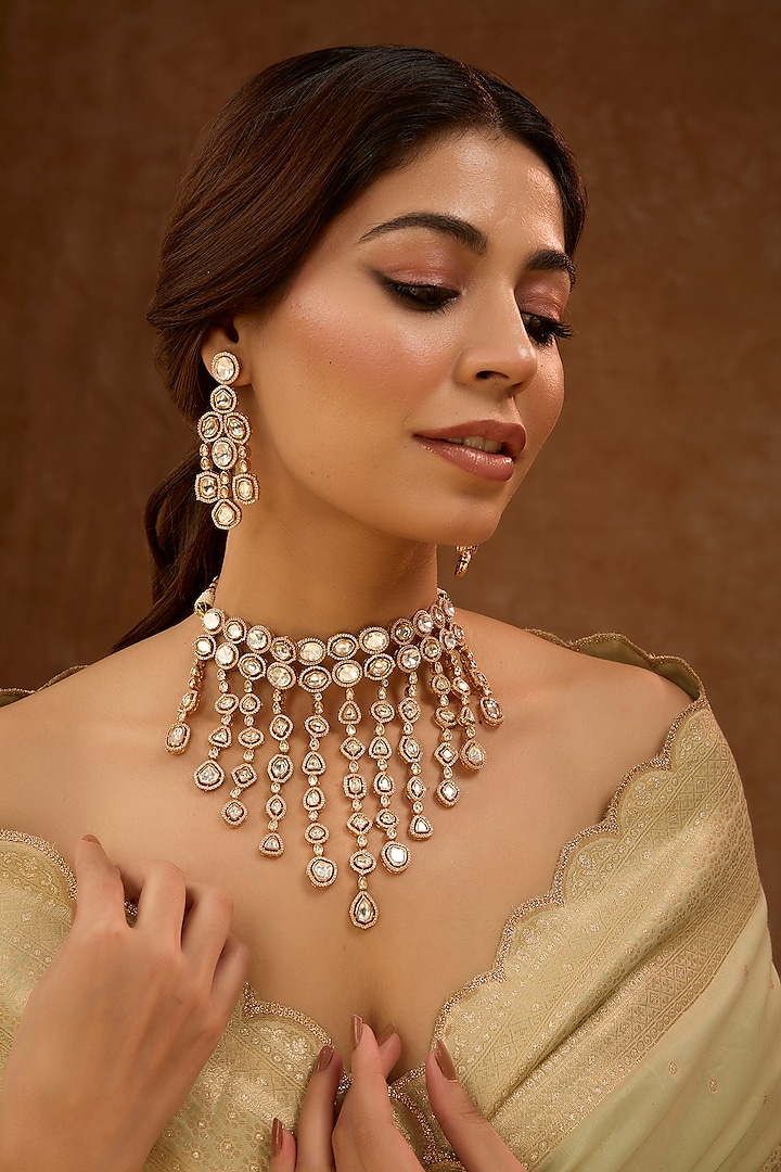 Gold Finish Kundan Polki & Diamond Necklace Set by 20AM at Pernia's Pop Up Shop