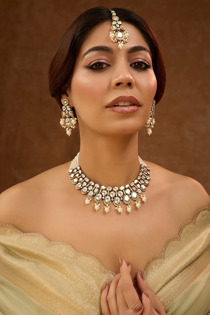 Gold Finish Kundan Polki & Pearl Necklace Set by 20AM at Pernia's Pop Up Shop