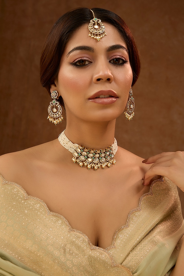 Gold Finish Kundan & Pearl Necklace Set by 20AM at Pernia's Pop Up Shop