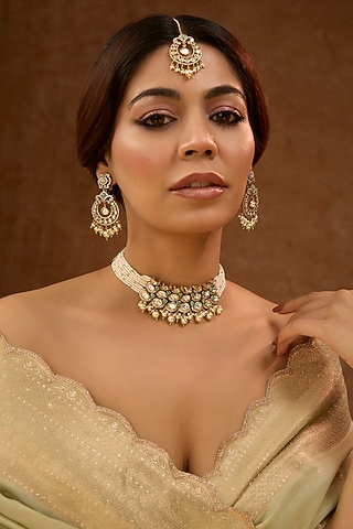 Gold Finish Kundan & Pearl Necklace Set by 20AM