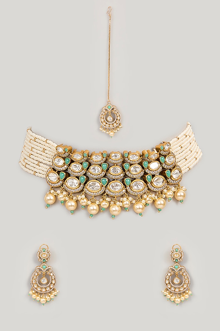 Gold Finish Kundan & Pearl Necklace Set by 20AM at Pernia's Pop Up Shop
