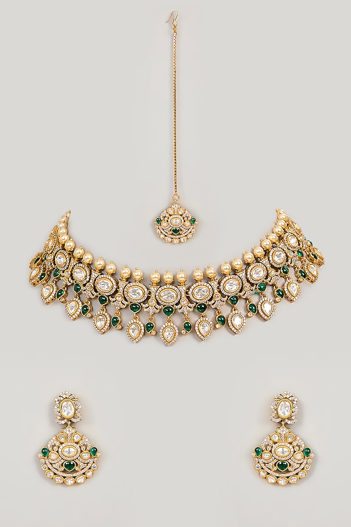 Gold Finish Kundan Polki & Green Gemstone Necklace Set by 20AM at Pernia's Pop Up Shop