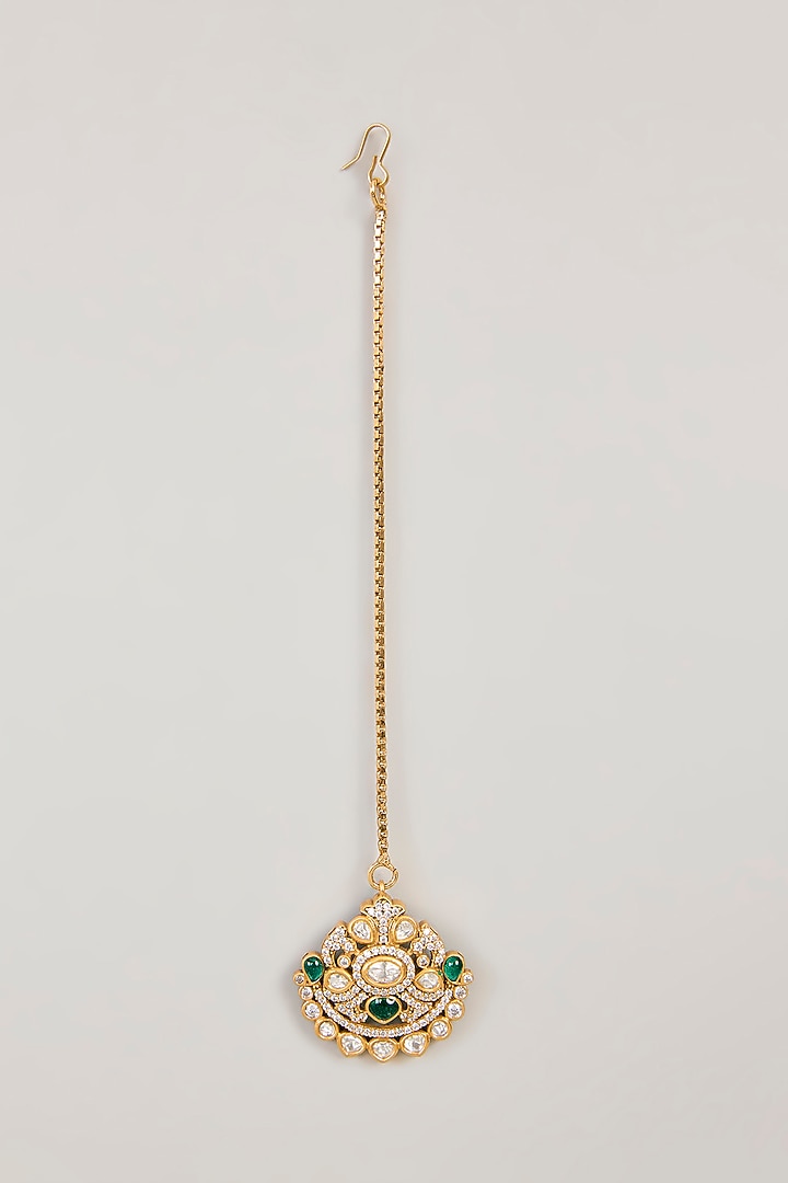 Gold Finish Kundan Polki & Green Gemstone Necklace Set by 20AM at Pernia's Pop Up Shop