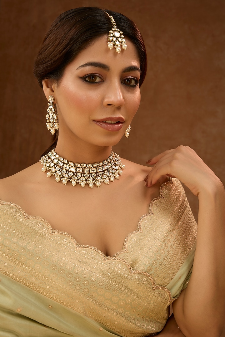 Gold Finish Kundan Polki & Pearl Drop Necklace Set by 20AM at Pernia's Pop Up Shop