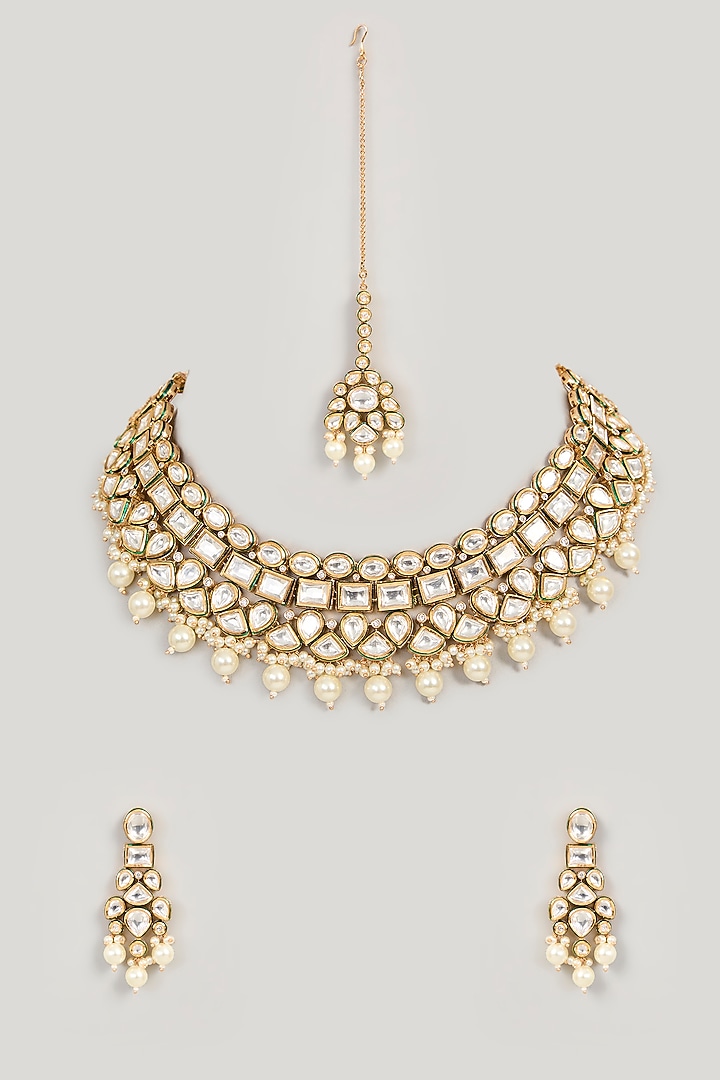 Gold Finish Kundan Polki & Pearl Drop Necklace Set by 20AM at Pernia's Pop Up Shop