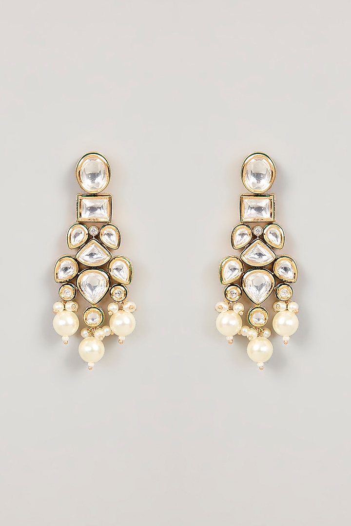 Gold Finish Kundan Polki & Pearl Drop Necklace Set by 20AM at Pernia's Pop Up Shop