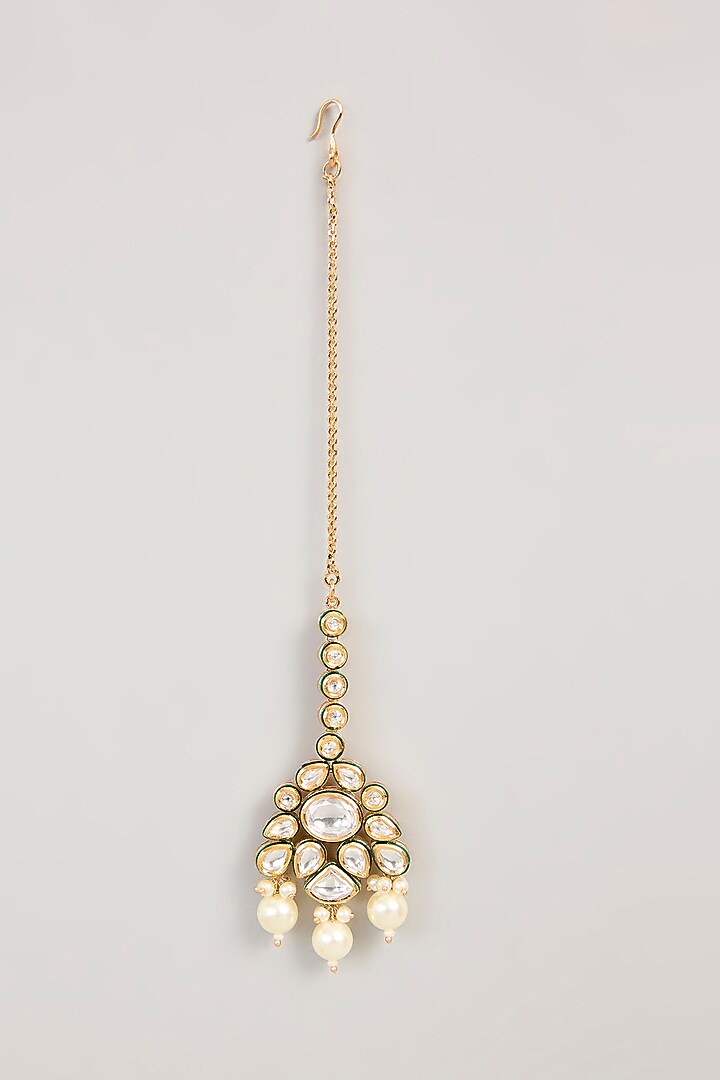 Gold Finish Kundan Polki & Pearl Drop Necklace Set by 20AM at Pernia's Pop Up Shop