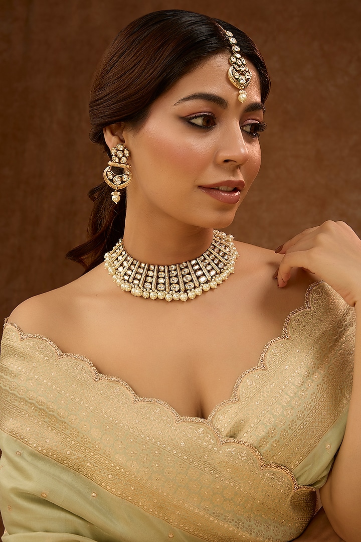 Gold Finish Kundan Polki & Pearl Necklace Set by 20AM at Pernia's Pop Up Shop