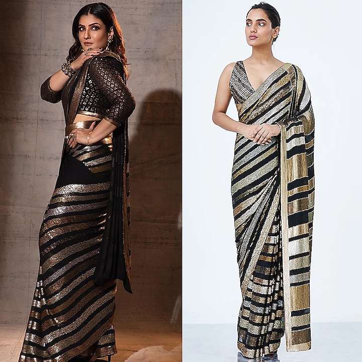 Black Embroidered Striped Saree Set by Nakul Sen