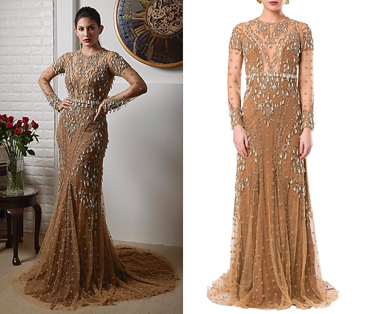 Beige embroidered full sleeves gown by Rocky Star at Pernia's Pop Up Shop