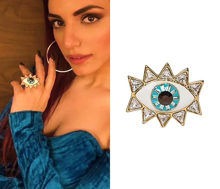 Glod plated evil eye ring with swarovski crystals available only at Pernia's Pop Up Shop.