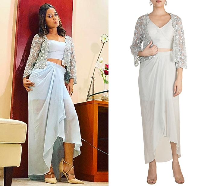 Grey Bustier With Dhoti Skirt & Embellished Jacket by Aarti Mahtani at Pernia's Pop Up Shop
