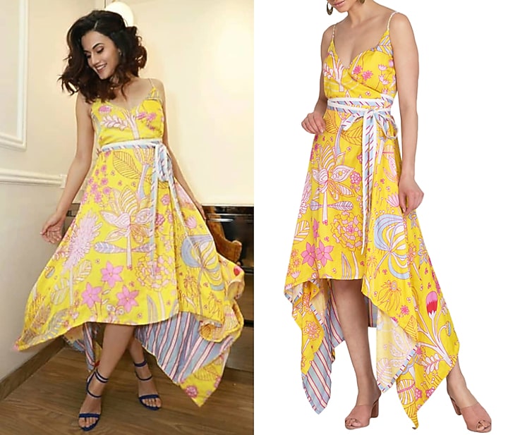Yellow Jaal Printed Asymmetrical Wrap Vacation Dress by Swati Vijaivargie at Pernia's Pop Up Shop