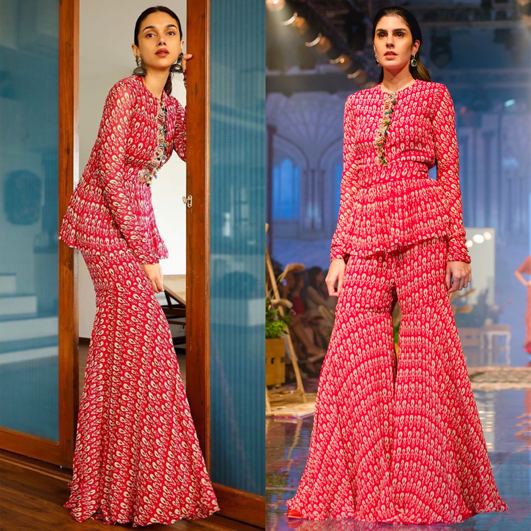 Deep Fuchsia Printed Peplum Top With Gharara by Ridhi Mehra at Pernia s Pop Up Shop 2024