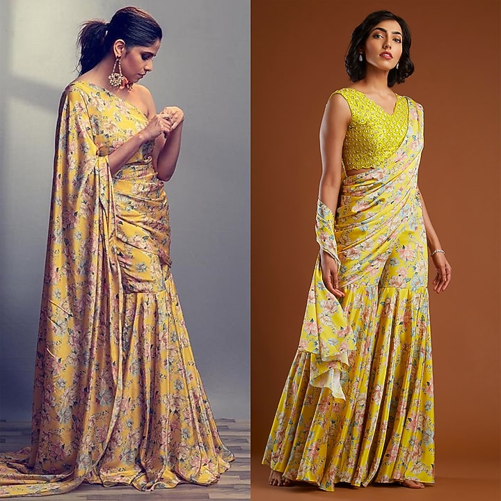 Yellow Printed Gharara Wedding Saree With Blouse by Aayushi Maniar at Pernia's Pop Up Shop