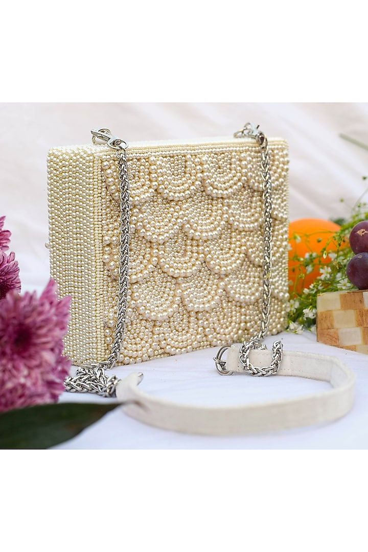 White Hand Embroidered Clutch by EENA