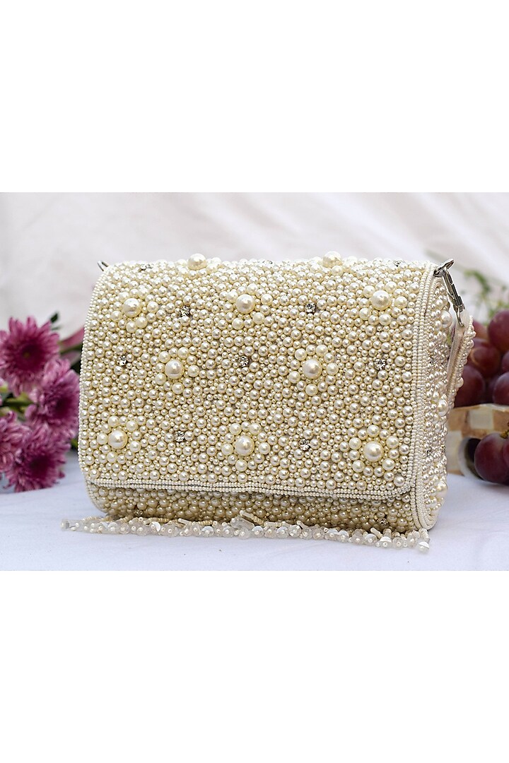 White Embroidered Clutch With Flap Opening by EENA