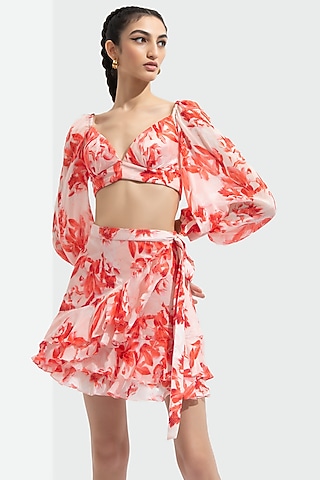 Peach Orange Wrap Skirt Set by Mandira Wirk - Resort