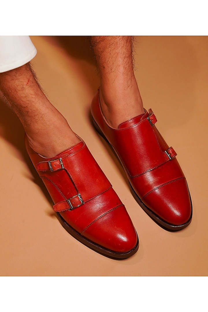 Deep Red Leather Handcrafted Double Strap Monks by Dmodot at Pernia's Pop Up Shop