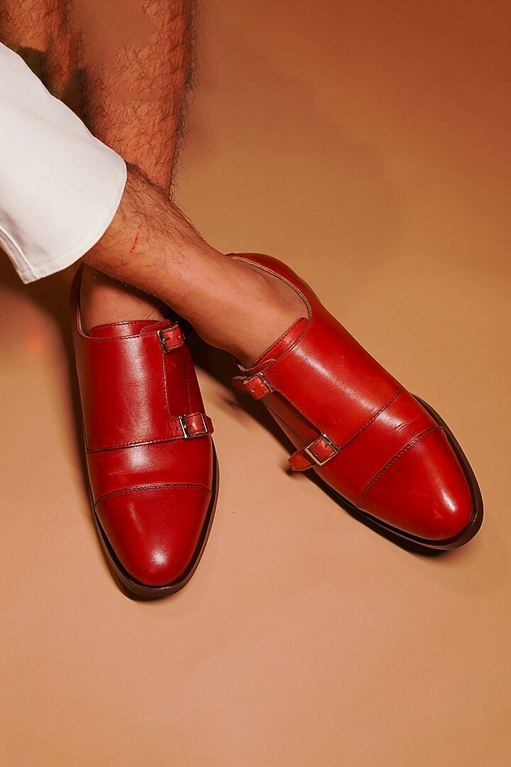 Deep Red Leather Handcrafted Double Strap Monks by Dmodot at Pernia's Pop Up Shop