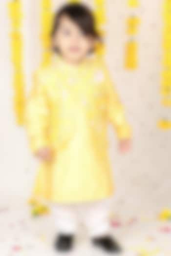 Dandelion Yellow Kurta Set With Embroidered Bundi Jacket For Boys by Kirti Agarwal Pret n Couture at Pernia's Pop Up Shop
