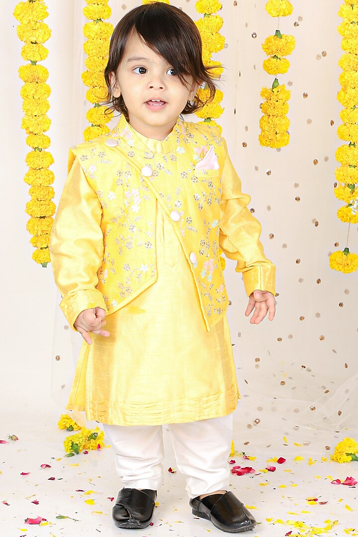 Dandelion Yellow Kurta Set With Embroidered Bundi Jacket For Boys by Kirti Agarwal Pret n Couture at Pernia's Pop Up Shop
