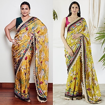 Yellow Viscose Silk Floral Printed Party Wear Saree Set by Devyani Mehrotra at Pernia's Pop Up Shop