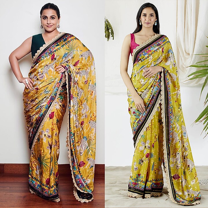 Yellow Viscose Silk Floral Printed Saree Set by Devyani Mehrotra