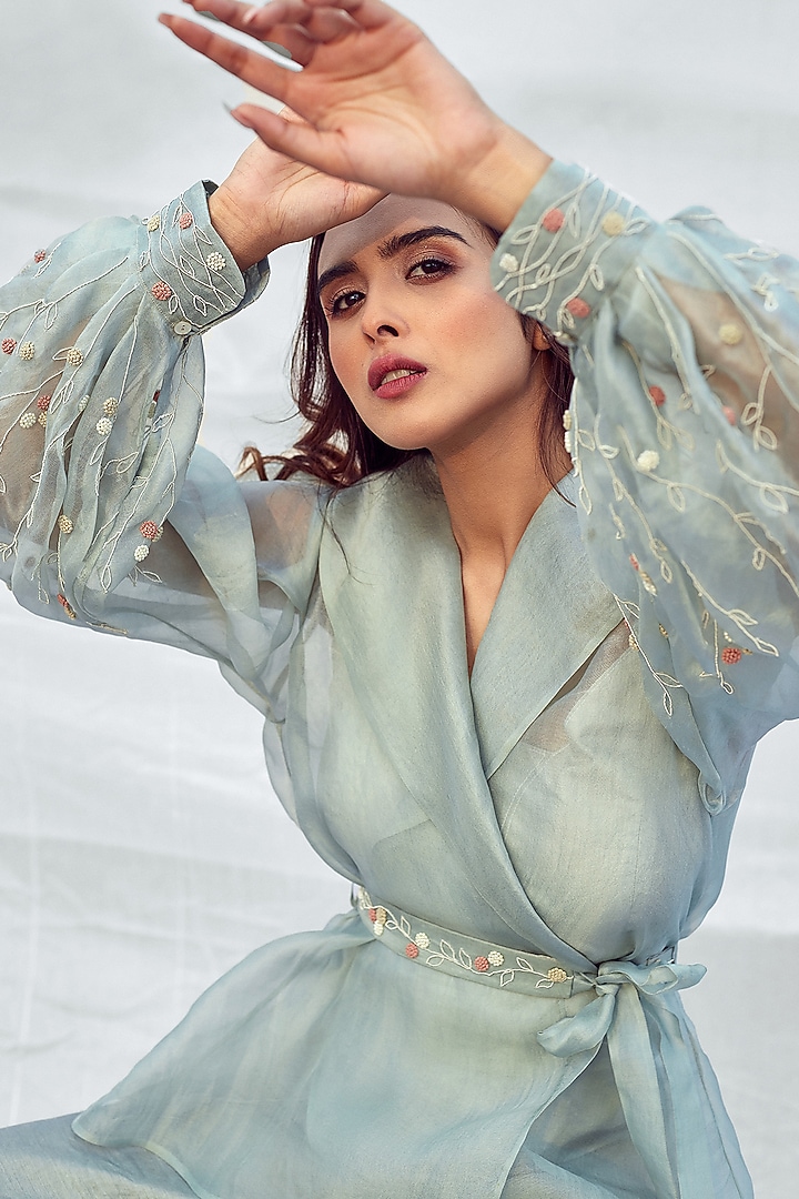 Sea Green Embroidered Jacket Set by Synonym at Pernia's Pop Up Shop