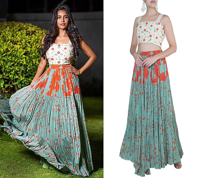 Teal Green Embroidered & Printed Skirt With Crop Top by Suave by Neha & Shreya at Pernia's Pop Up Shop