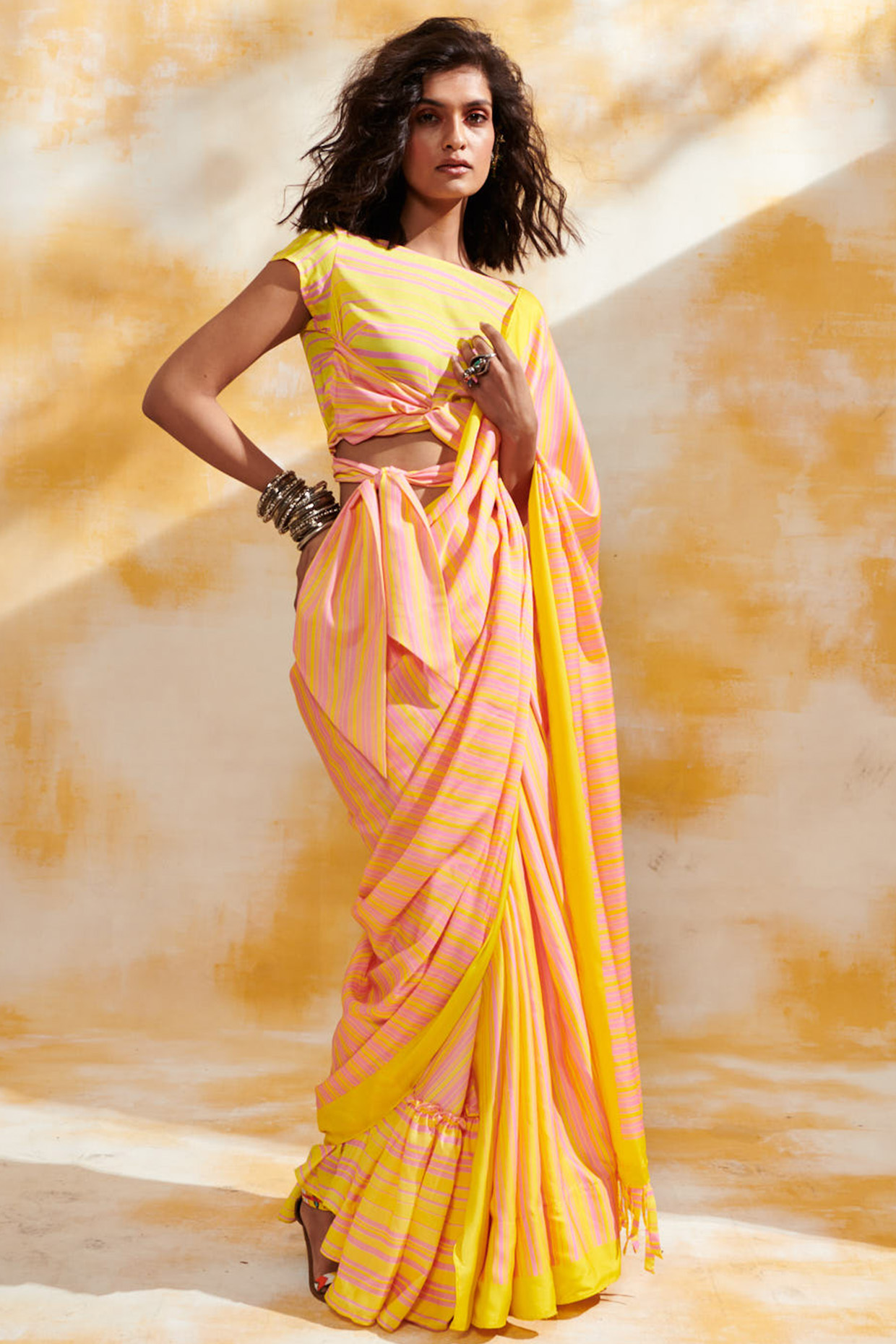Yellow & Pink Printed Festive Saree Set by Gulabo By Abu Sandeep at Pernia's Pop Up Shop