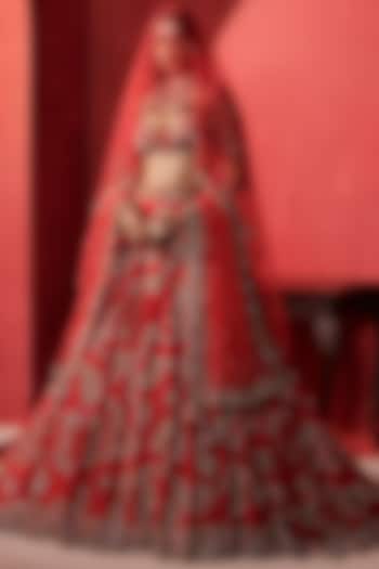 Crimson Red Silk Embroidered Bridal Lehenga Set by Dolly J at Pernia's Pop Up Shop