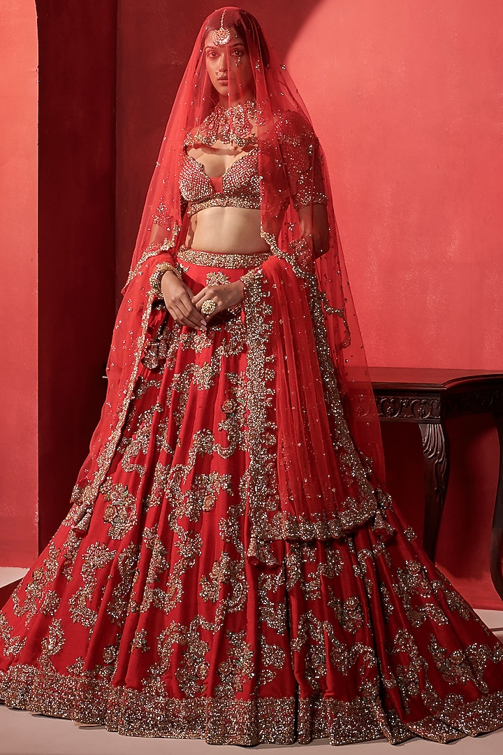 Crimson Red Silk Embroidered Bridal Lehenga Set by Dolly J at Pernia's Pop Up Shop