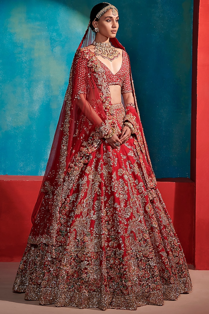 Carmine Red Silk Embroidered Lehenga Set by Dolly J