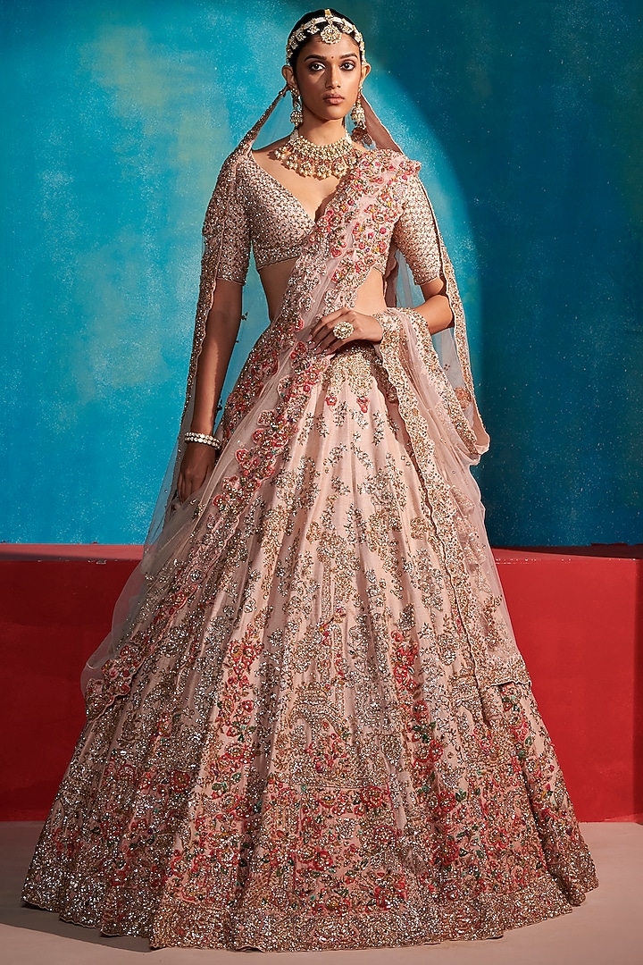 Seashell Pink Embroidered Bridal Lehenga Set by Dolly J at Pernia's Pop