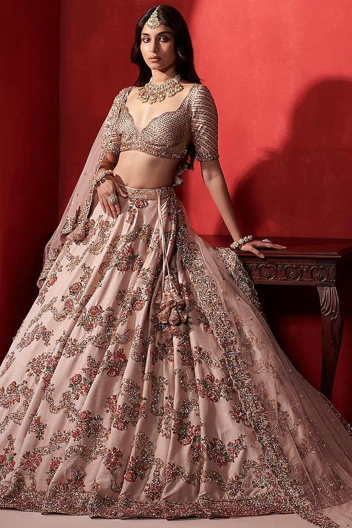 Seashell Pink Embroidered Lehenga Set Design by Dolly J at Pernia's Pop