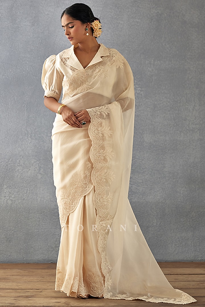 Beige Silk Organza Hand Embroidered Wedding Saree Set by TORANI at Pernia's Pop Up Shop