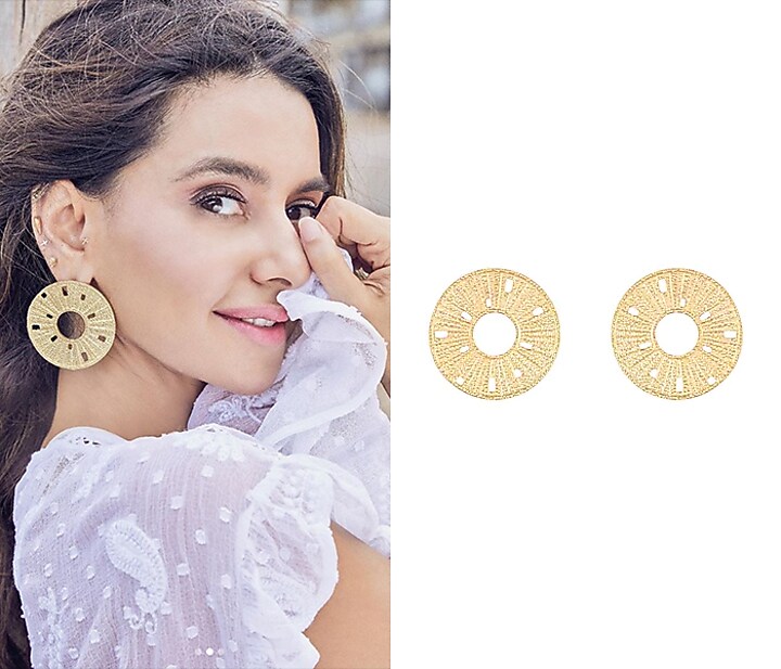 Gold Plated Textured Round Earrings by Flowerchild By Shaheen Abbas at Pernia's Pop Up Shop