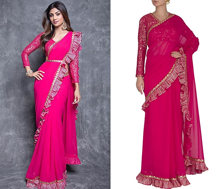 Peacock Pink Georgette Embroidered Frilled Saree Set by Vvani by Vani Vats