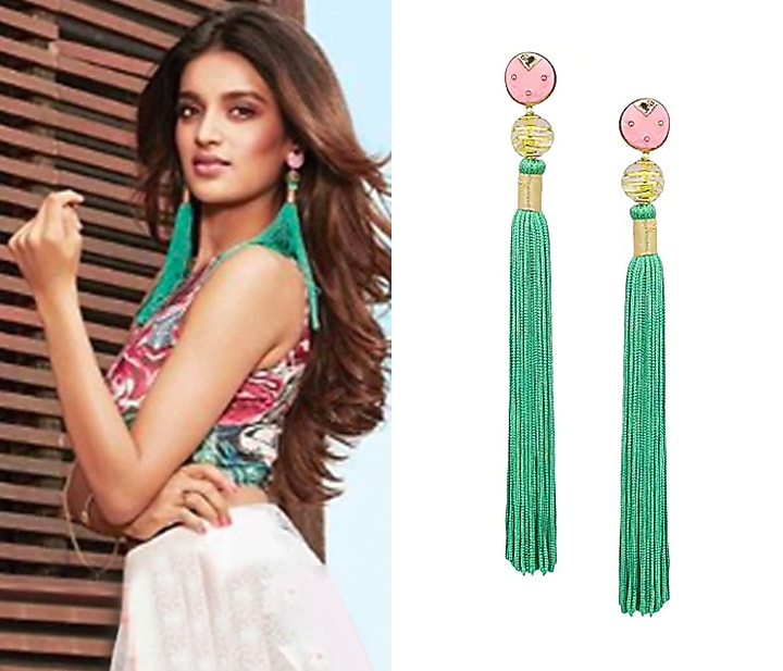 Gold plated pink acrylic top ang green silk tassel earrings available only at Pernia's Pop Up Shop.