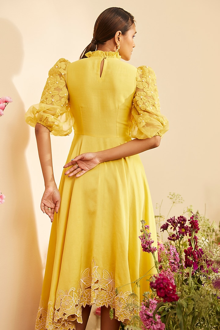 Yellow Chanderi Embroidered Ruched Cocktail Dress by Chandrima at Pernia's Pop Up Shop